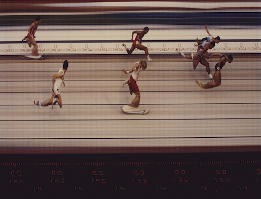 Athletissima, Lausanne, 100 m haies, photofinish Omega Photosprint II, 1985. Photo MSAP