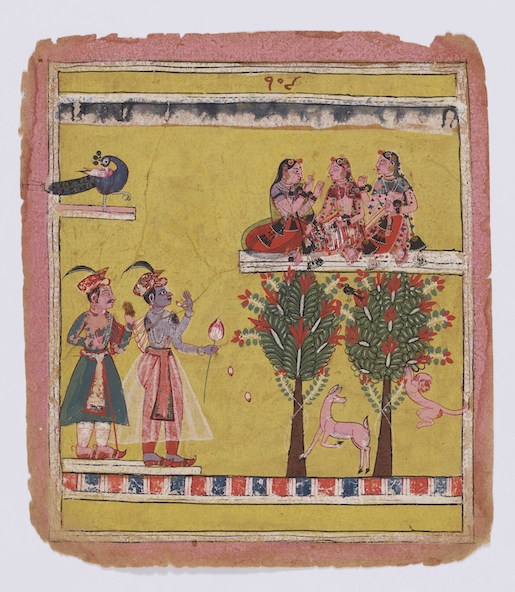 Krishna verschlägt es beim Anblick Radhas die Sprache. Folio 109 aus der 