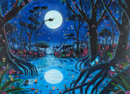 M.S. Bastian / Isabelle L., Beseelte Landschaft bei Nacht Panorama, 2021 + 2022, Mischtechnik mit Collage auf Leinwand, 160 x 190 cm, Ausschnitt