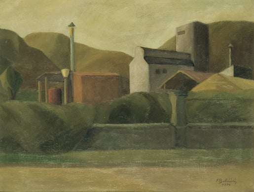 Filippo Boldini, L’officina del gas a Cornaredo, 1954, olio su cartone, Museo d’arte della Svizzera italiana, Lugano. Collezione Città di Lugano.