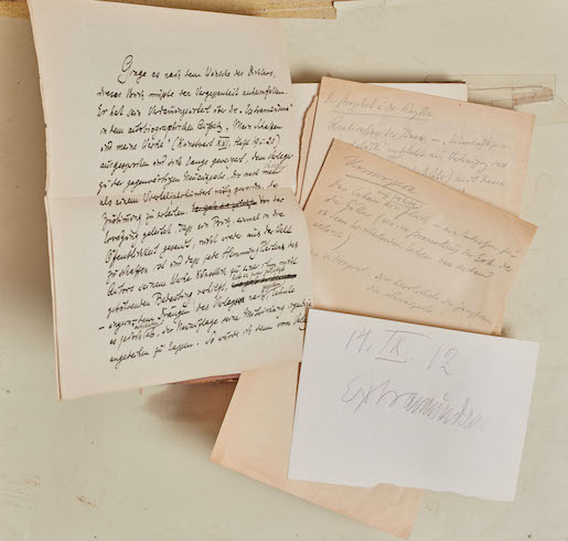 Manuskripte und Notizzettel von Jonas Fränkel in seinem Arbeitsexemplar von Carl Spittelers 