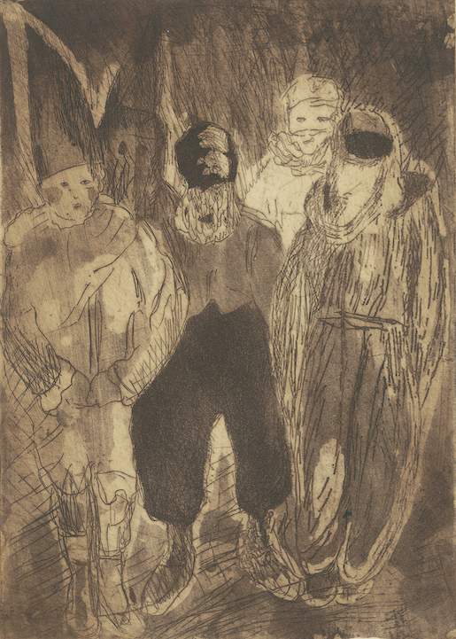 Anita Spinelli, Fünf Maskierte. Um 1930–1939, Radierung und Aquatinta, 42.2 x 27.8 cm, Inv.Nr. D 39532, Graphische Sammlung ETH Zürich, © bei der Künstlerin