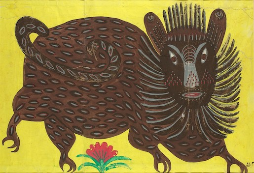 Maria Prymachenko (1909–1997), Die Bestie des Krieges, 1970er-Jahre, Gouache auf Papier, 55 x 75 cm, RODOVID-Gallery Collection (Kyiv)