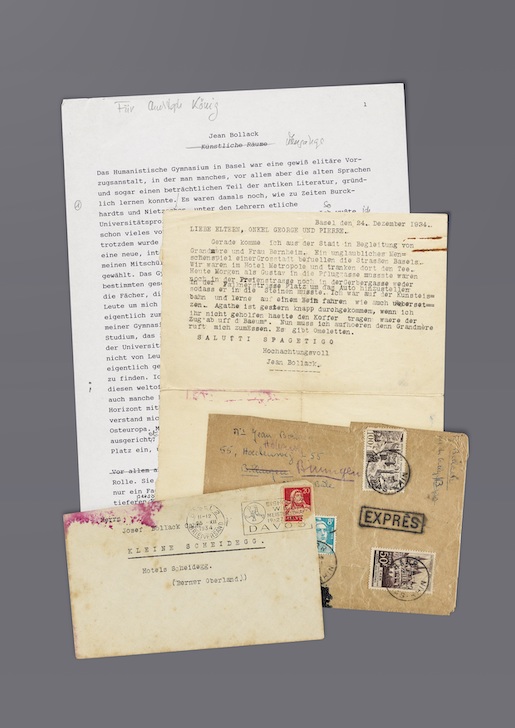 Maschinengeschriebener Brief und Umschläge von Jean Bollack an seine Eltern aus den Ferien auf der Kleinen Scheidegg, Basel, 24. Dezember 1934. Und der Text von Bollack über Basel, Künstliche Räume, an Christoph König. Nachlass Jean Bollack, Schweizerisches Literaturarchiv - Foto: NB, Simon Schmid