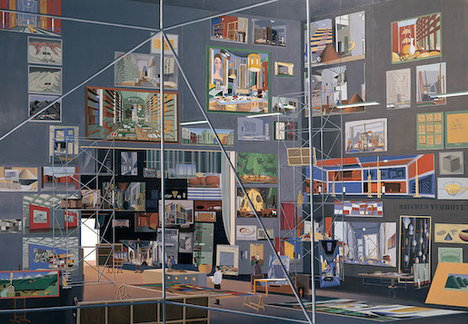Das Kabinett der Bilder, 2004, oil on canvas, 250 x 360 cm, Aargauer Kunsthaus in Aarau - Archiv Huber Berlin - Thomas Huber, Foto: Carl Victor Dahmen, Solingen - Lizenz: https://commons.wikimedia.org/w/index.php?title=File:Kabinett.jpg&action=edit&section=1 - Datei: https://commons.wikimedia.org/wiki/File:Kabinett.jpg 