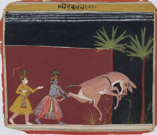 Der Eselsdämon greift Krishna und seine Freunde an - Folio 21 aus einer Bhagavata Purana-Serie (zu BhP 10.15.1–46), Indien, Bundelkhand, Datia, ca. 1635–1650, Dauerleihgabe Eva und Konrad Seitz, Museum Rietberg, Zürich (2021.105)