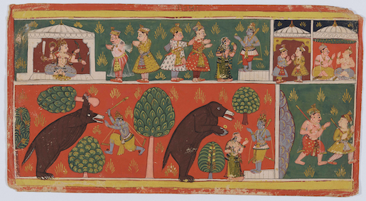 Krishna findet das verschwundene Juwel - Folio 25 aus einer Bhagavata Purana-Serie (zu BhP 10.56.22–45), Indien, Bundelkhand, Panna, ca. 1690–1700, Dauerleihgabe Eva und Konrad Seitz, Museum Rietberg, Zürich (2021.142)