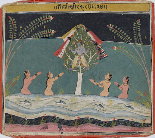 Krishna stiehlt die Kleider der badenden Mädchen - Folio 24 aus einer Bhagavata Purana-Serie (zu BhP 10.22), Indien, Bundelkhand, Datia, ca. 1635–1650, Dauerleihgabe Eva und Konrad Seitz, Museum Rietberg, Zürich (2021.106)