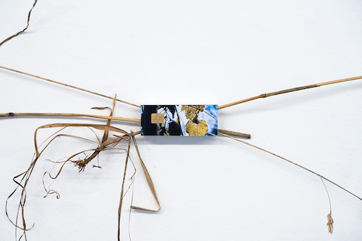 © Raphael Stucky, Lying (in the grass), 2023, dried blades of grass, telephone cards, aluminium profiles - Lokal-int, Biel/Bienne
