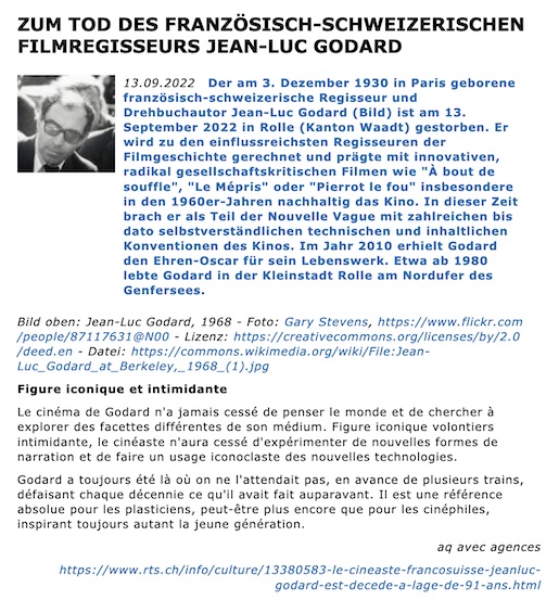 ZUM TOD DES FRANZÖSISCH-SCHWEIZERISCHEN FILMREGISSEURS JEAN-LUC GODARD