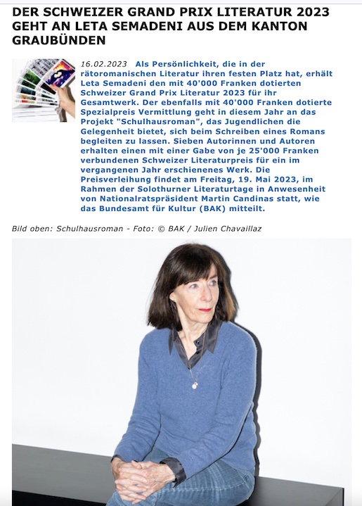 DER SCHWEIZER GRAND PRIX LITERATUR 2023 GEHT AN LETA SEMADENI AUS DEM KANTON GRAUBÜNDEN