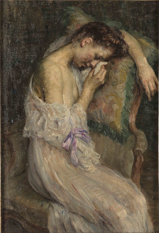 Bild: Marie Louise-Cathérine Breslau, Weinende Frau, 1905, Öl auf Leinwand, 73 × 29.4 cm, Kunstmuseum Luzern, Schenkung Walter und Alice Minnich, Luzern