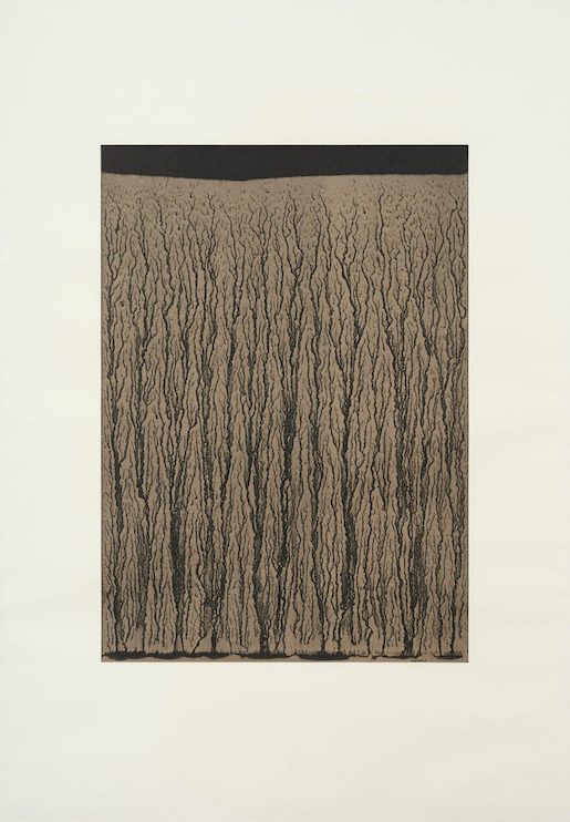 Bild: © Richard Long, River Avon Mud, Drawing, 1995, Granolithographie 6-farbig auf Büttenpapier, Blatt: 100 x 70 cm - Sammlung Kunsthaus Grenchen, Schenkung Sammlung Danielle und Urs-Peter Müller, Bern, 2023 - Foto: David Aebi