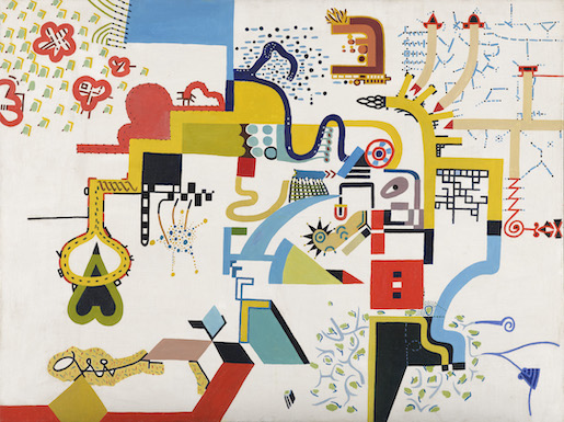 Image: Galanterie européenne-articles de mercerie, 1989, Huile sur tissu d’ameublement 120,2 x 159,9 cm, Collection Arina Kowner © Babi Badalov - Photo: MCBA, Jonas Hänggi