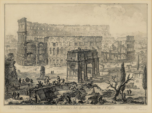 Bild: Giovanni Battista Piranesi, Veduta dell‘ Arco di Costantino, e dell‘ Anfiteatro Flavio detto il Coloseo, o.J., Radierung, Masse: 38.5 x 54 cm - Sammlung Kunsthaus Grenchen, Schenkung Sammlung Danielle und Urs-Peter Müller, Bern, 2023 - Foto: David Aebi