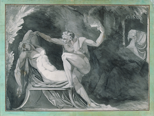 Bild: Johann Heinrich Füssli (1741–1825), Der Dänenkönig wird im Schlaf von seinem Bruder vergiftet, 1771. Kreide, Feder in Schwarz, laviert, 44.7 × 59.2 cm, Inv.-Nr. Z 223. Graphische Sammlung ETH Zürich
