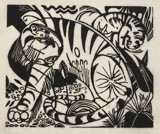 Immagine: Franz Marc, Tiger, 1912, Holzschnitt auf Papier, 20 × 24 cm, Sammlung Werner Coninx, Dauerleihgabe im Museo Comunale d’Arte Moderna Ascona 