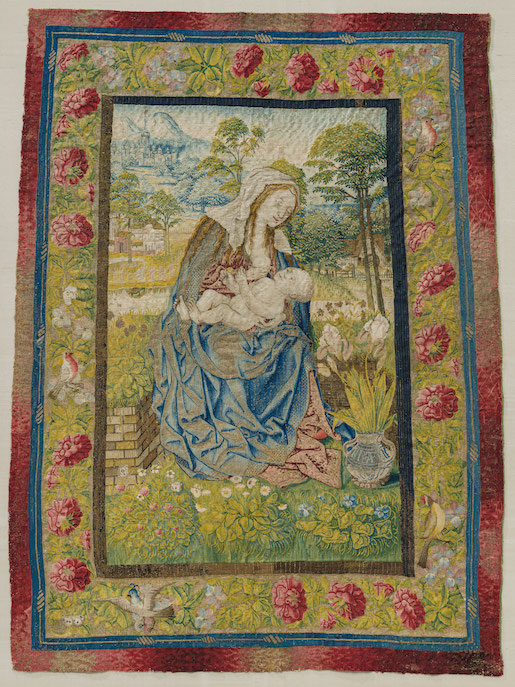 Tapisserie mit Maria und Kind, Brüssel, frühes 16. Jahrhundert, Wirkerei mit Seiden-, Gold-, Silber- und Wollfäden, Inv. Nr. 5760