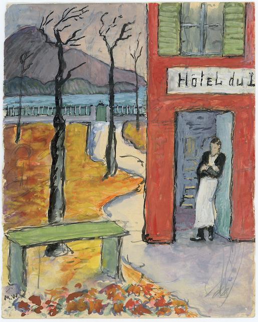 Immagine: Marianne Werefkin, Hôtel du L[ac], 1920er Jahre, Tuschpinsel und Tempera aufliniertes Papier, 21,8 × 17,5 cm, Sammlung Werner Coninx, Dauerleihgabe im Museo Comunale d’Arte Moderna Ascona