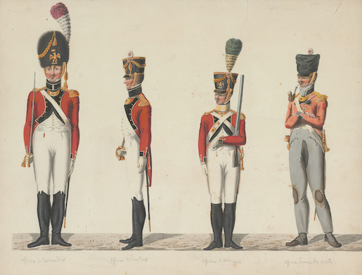 Dass auch Uniformen geflickt werden, zeigt eine Darstellung des 3. Schweizer Regiments während der Napoleonischen Kriege: Der Offizier im Marschtenue rechts im Bild trägt eine graue, abgetragene Hose mit Flicken im Schritt und an den Knien. Sein Rock ist ausgebleicht. Handzeichnung, um 1808 © Schweizerisches Nationalmuseum