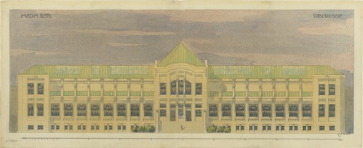 Ernst Ludwig Kirchner (1880–1938), Studienarbeit – Entwurf für ein Museum, Blatt 1, 1904/05, Tuschfederzeichnung über Bleistift, Aquarell- und Sprühtechnik auf festem Velin, 114 × 64 cm, Courtesy Galerie Henze & Ketterer, Wichtrach/Bern