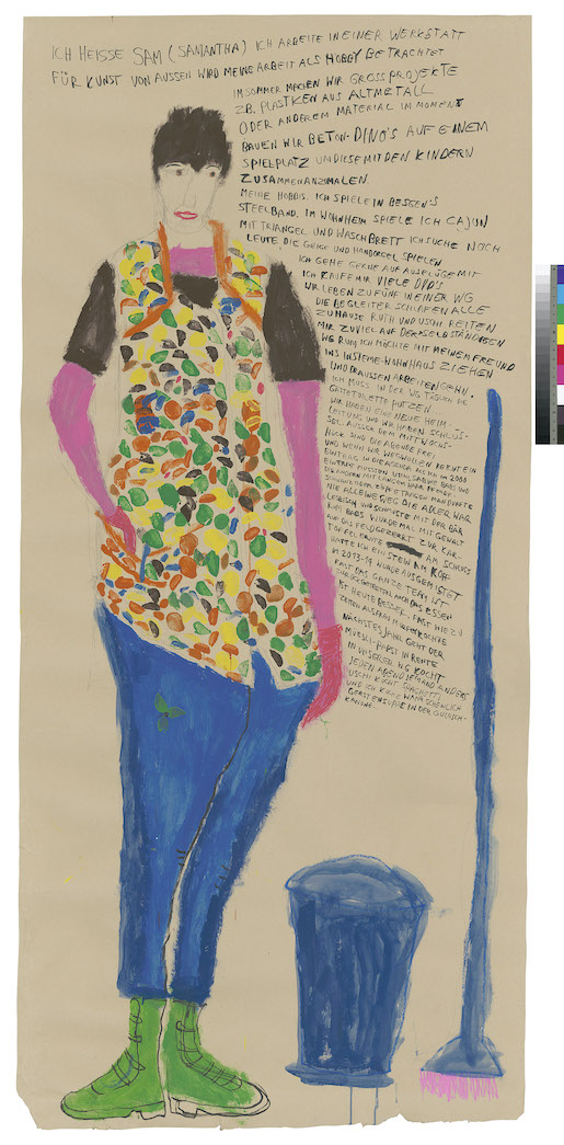 Clemens Wild, Sam, 2016, minę de plomb, crayon de couleur, feutre et peinture acrylique sur papier, 219 x 99,5 cm cm - Atelier de numérisation, Ville de Lausanne (AN) - Collection de l’Art Brut, Lausanne