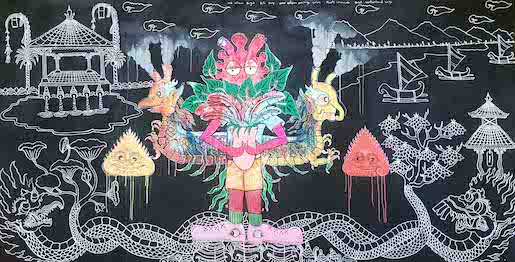 Made Bayak, Clean Water Is The Next Petroleum, Bathroom of Water Religion, 2024, Acryl auf Leinwand, 150x300 cm, ROOTS - By Michael Schindhelm, KBH.G, 2024