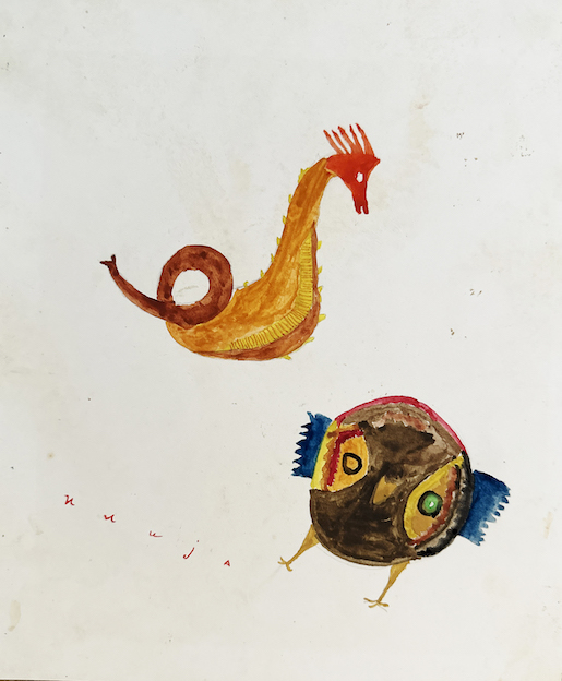 Ilija Bašičević, Owl and sea horse, 1962, gouache cardboard, 30x25 cm Courtesy Ilija & Mangelos Foundation