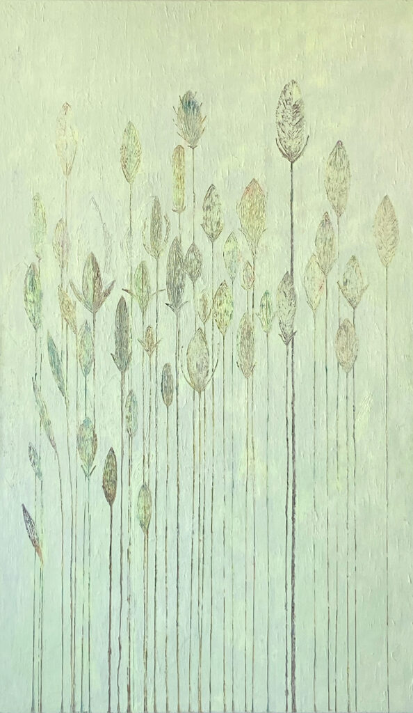 Mireille Gros (*1954), Plantes Planétaires, 2024. Bienenwachsenkaustik auf Leinwand, 210 x 120 cm © Mireille Gros