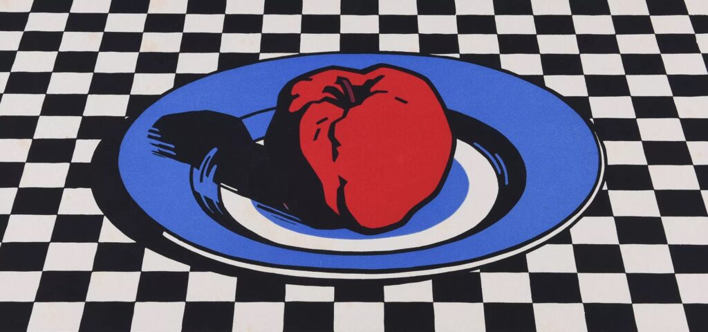 Amanda Tröndle-Engel, Roter Apfel auf blauem Teller, undatiert, Linolschnitt, 25 x 38.3 cm, Copyright: Erbengemeinschaft Vonlanthen