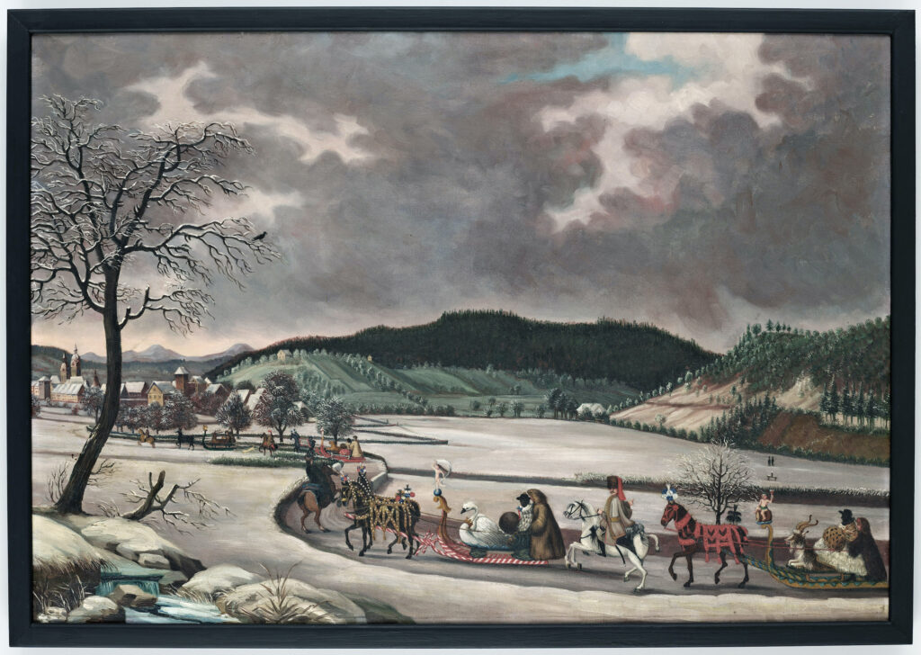 Gem‰lde. Kopie. Fahrt der Familie Hirzel in vier reichgeschm¸ckten Schlitten. Schlagwort: Schlittenfahrt Familie Hirzel W¸lflingen ZH. Herstellung: Malerin Ida Reinhart (1864 - 1917); Vorlage von Christoph II. Kuhn (1737 - 1792) (Original von 1759). Datiert 1908. 71,2 x 101,3 x 3,8 cm (Neue Leiste schwarz gestrichen) (Zierrahmen). Leinwand, ÷l. Rahmen: Holz.