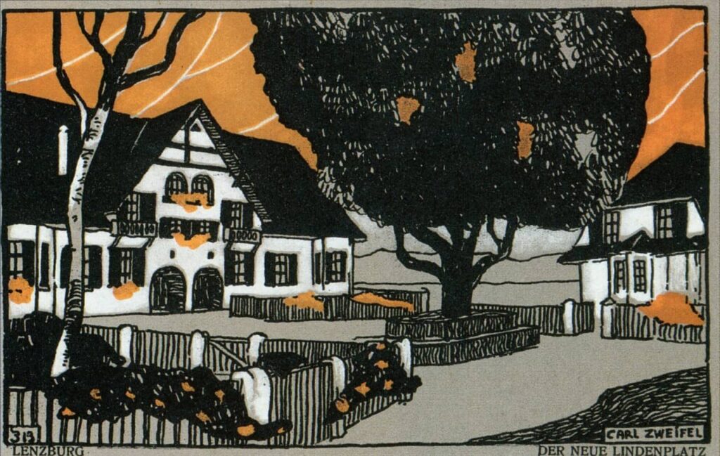 Bild: Das Lindenplatz-Quartier auf einem Holzschnitt von Carl Zweifel, 1914. Zeitgenössische Postkarte, https://www.ag.ch/de/verwaltung/bks/kultur/kulturpflege/denkmalpflege/inventare/kommunale-schutzobjekte?dc=0a336ddd-ba0d-4235-80e5-3b57300f204b_de
