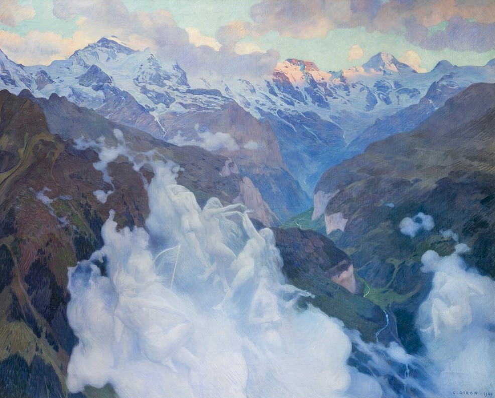 Charles Giron (Genève 1850 - 1914 Genthod), Les Nuées (Vallée de Lauterbrunnen), [1901], Huile sur toile, 147.5 x 182 cm sans cadre, Musée Jenisch Vevey, don de la Société des Beaux-Arts de Vevey © Musée Jenisch Vevey, photographie: Julien Gremaud
