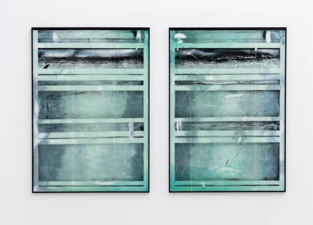 „Untitled“, Oil, spraypaint, reverse glass, framed, each 84 x 120 cm, 2023. © Nico Kurzen