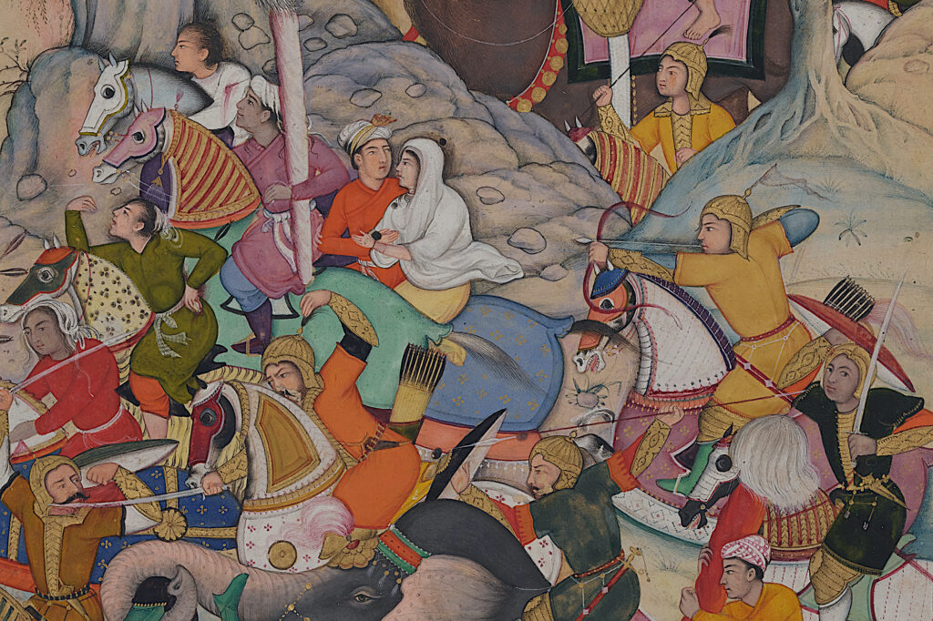 Dharam Das, Doppelseitiges Folio mit einer Szene aus dem «Chester-Beatty/British-Library-Akbarnama» und einer Kalligrafie, 1593–1596, Museum Rietberg, Ankauf mit Mitteln von Balthasar und Nanni Reinhart