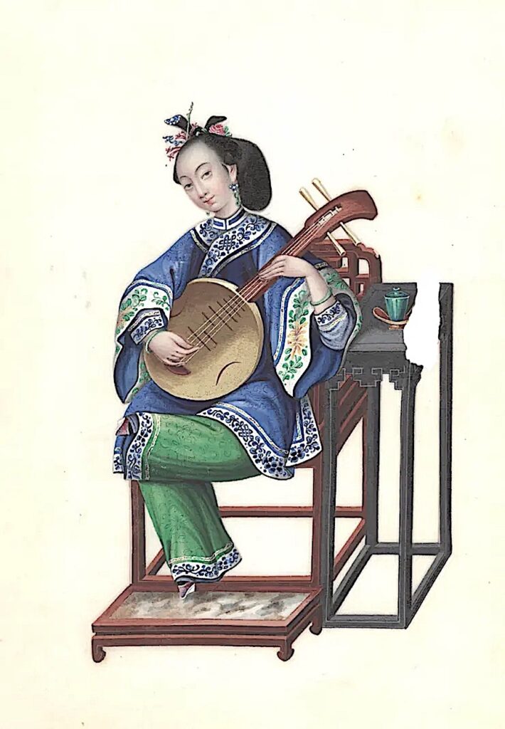 Anonyme, Femme jouant du zhongruan 中阮, Couleurs aquarellées sur papier, Dynastie Qing, XIX e siècle, Fondation Baur, Musée des arts d’Extrême-Orient