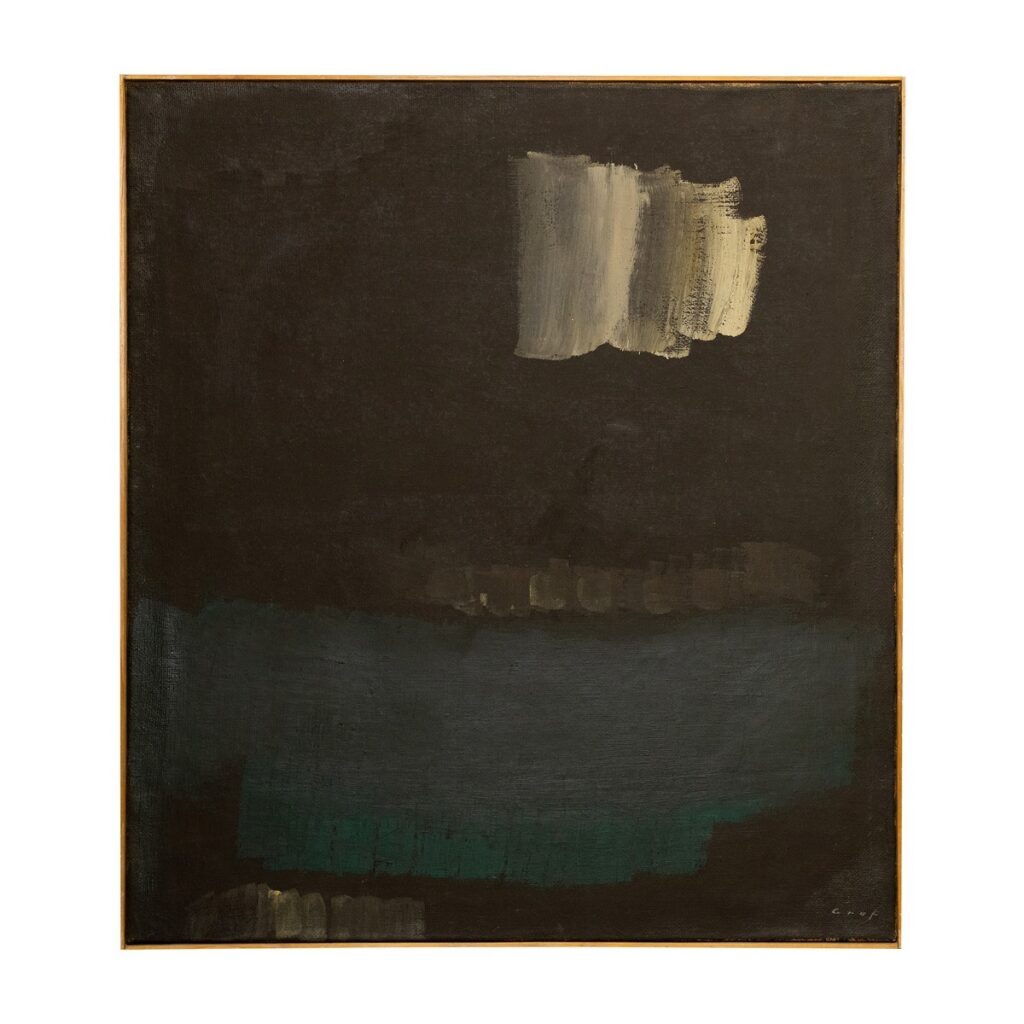 Diogo Graf (1896 – 1966) Abstrakte Komposition in dunklen Tönen mit leuchtenden Akzenten, 1961 Öl auf Leinwand 100 × 89 cm Kunstmuseum St.Gallen Depositum des Kantons St.Gallen 1962 © Kunstmuseum St.Gallen Foto: Nina Tschümperlin, 2025