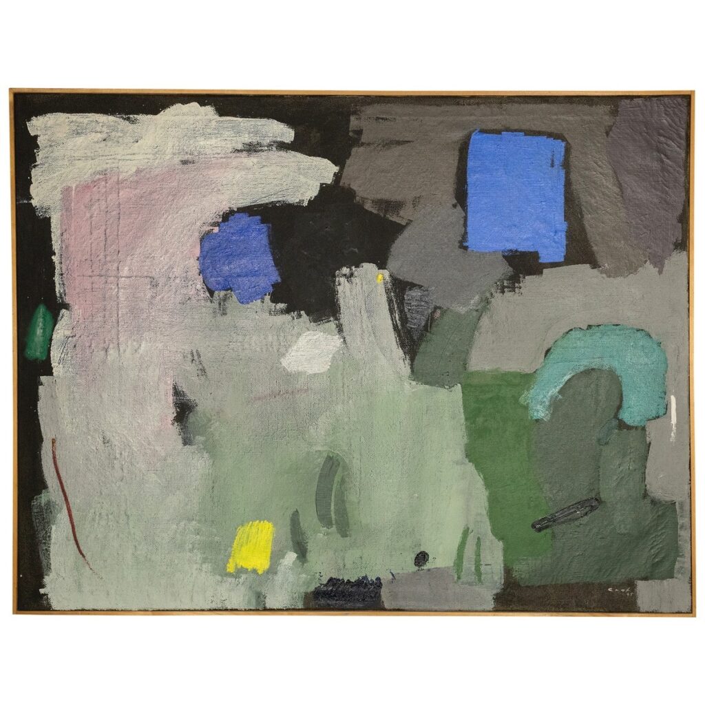 Diogo Graf (1896 – 1966) Abstrakte Komposition mit Farbflächen, 1965 Öl auf Jute 116 × 150 cm Kunstmuseum St.Gallen Schenkung Nelly Graf-Kirchhofer 1986 © Kunstmuseum St.Gallen Foto: Nina Tschümperlin, 2025