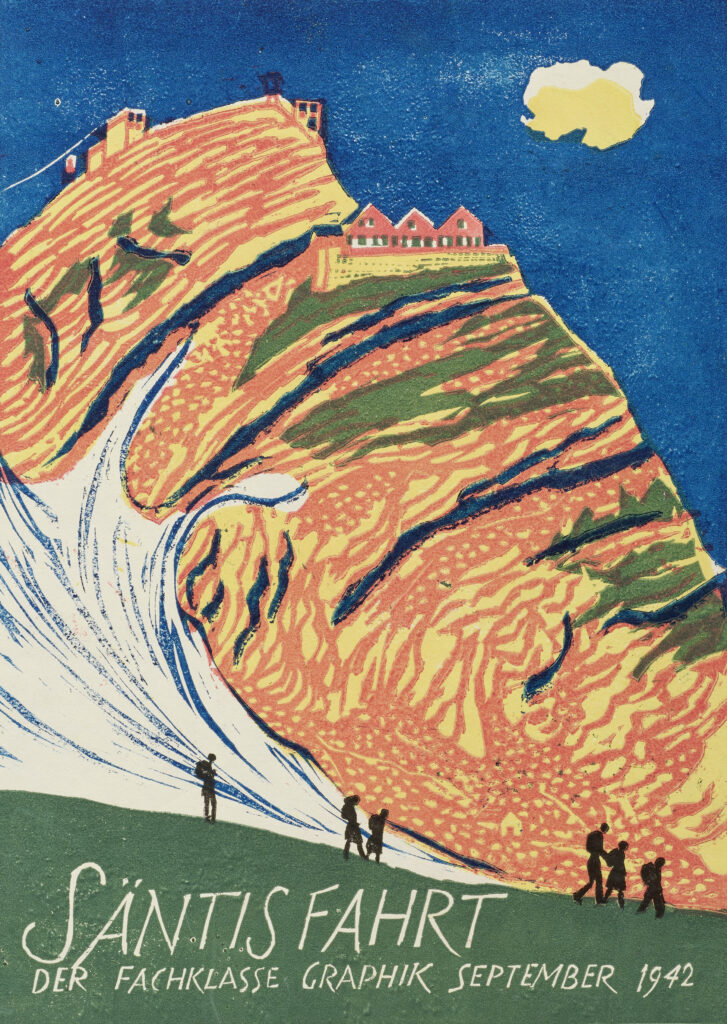 Beno Blumenstein: Säntis Fahrt der Fachklasse Graphik, 1942, Farbholzschnitt. Foto: Reto Pedrini © Stiftung Righini-Fries Zürich