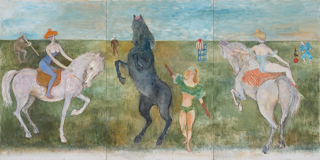 Irène Zurkinden, Femmes et chevaux de cirque, 1977. Öl auf Leinwand, 150 × 300 cm. Privatsammlung Carabelli, Schweiz.  Foto: Studio David Berweger