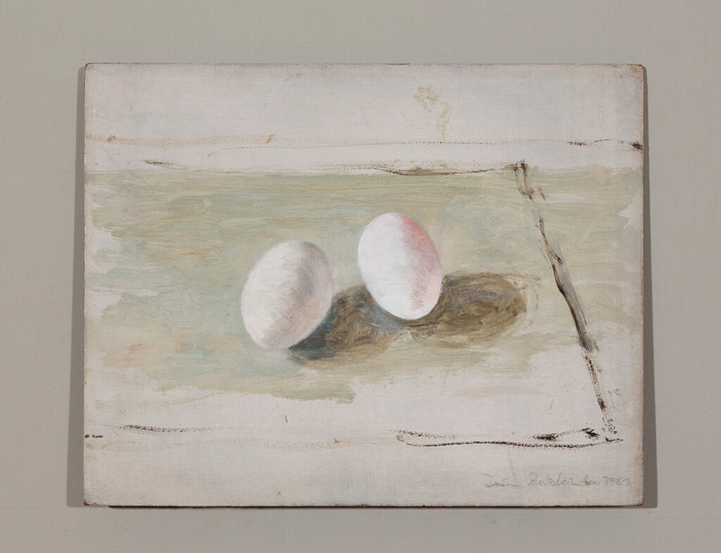 Irène Zurkinden, Nature morte aux oeufs (Stillleben mit Eiern), 1981. Öl auf Holz, 21,5 x 27 cm. © Nachlass Irène Zurkinden, vertreten durch Galerie Knoell AG.