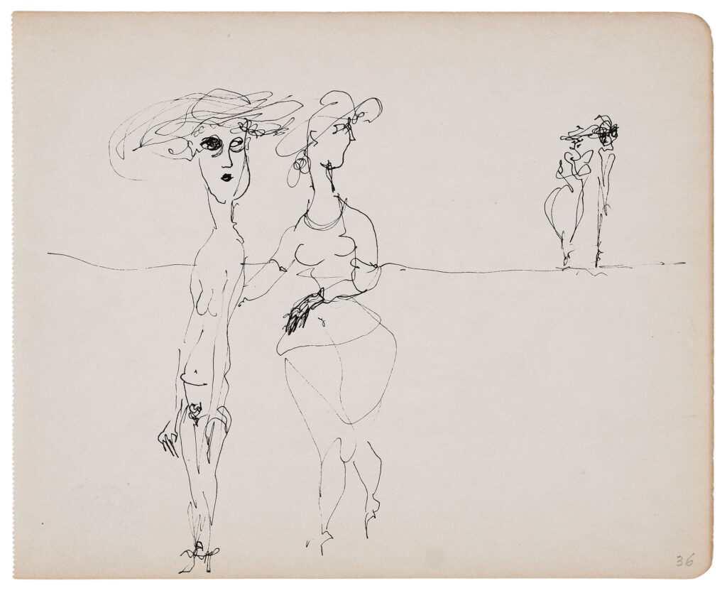 Irène Zurkinden, Ohne Titel (Zwei Frauen betrachten zwei Frauen), 1936. Schwarze Tinte auf Notizbuchseite, 21 × 25,7 cm © Nachlass Irène Zurkinden, vertreten durch Galerie Knoell AG. Foto: Studio David Berweger