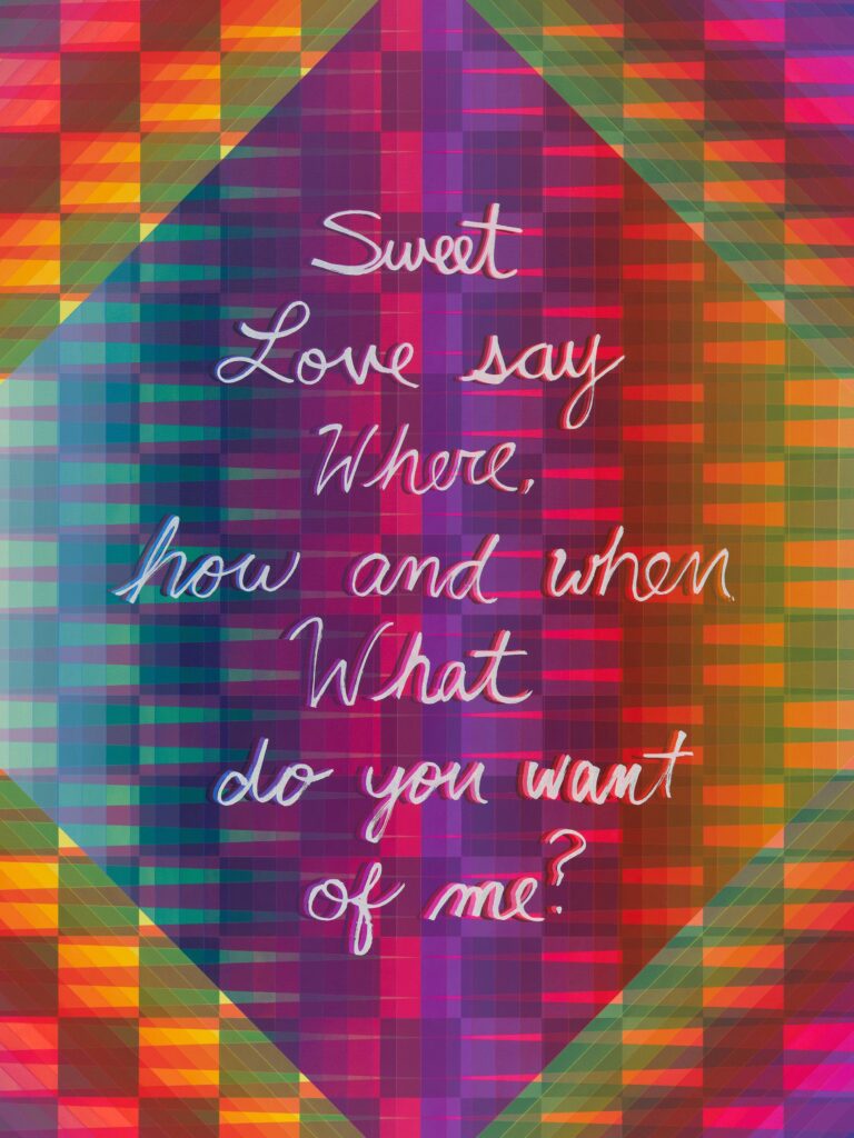 Jeffrey GibsonSweet Love say Where, how and when What do you want of me?, 2025 (Detail)Acryl auf Leinwand, 162,2 × 159,7 × 7,6 cm© Jeffrey Gibson, Foto- Elisabeth Bernstein