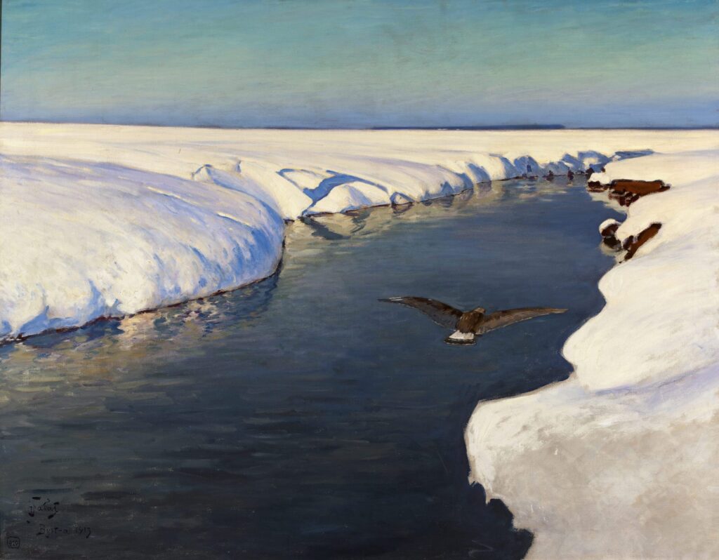 Julian Falat, Paysage d’hiver avec rivière et oiseau, 1913 Huile sur toile, 106 x 135 cm, musée national de Varsovie