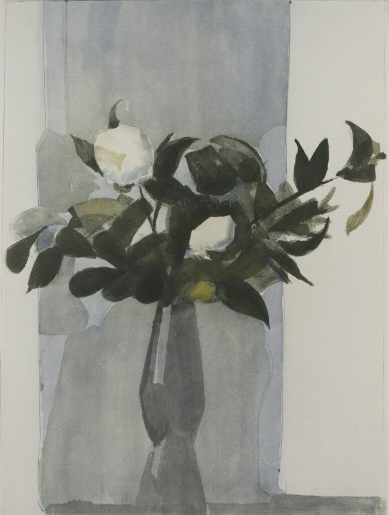 Albert Chavaz, Le Bouquet de camélias ll, 1973, aquatinte sur papier vélin, 399 x 295 mm, Musée Jenisch Vevey - Cabinet cantonal des estampes, Fondation William Cuendet & Atelier de Saint-Prex © Albert Chavaz, https://museejenisch.ch/api/site/assets/files/10711/2025-05_dossier_chavaz-1.pdf - Crédit photographique: Julien Gremaud