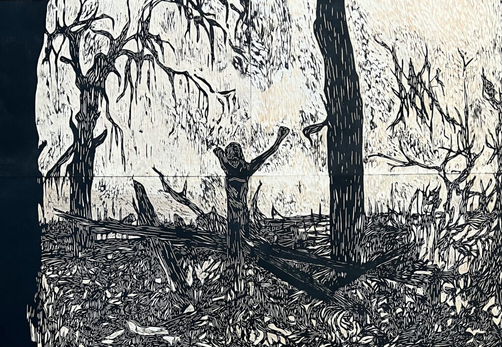 Daniel C. Müller, SCORCHED EARTH, 2023 Holzschnitt, Masse- 84 x 120 cm, 4 Platten, je 42 x 60 cm, Sammlung Kunsthaus Grenchen, Ankauf 2024 - Foto: Daniel C. Müller