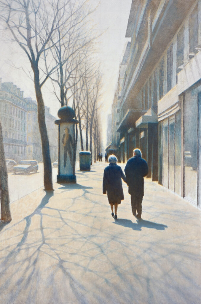 Erik Bulatov (Iekaterinbourg *1933) Le Printemps. Boulevard de Sébastopol, 2011, huile sur trait de crayon au graphite et de fusain, rehauts de crayon de couleur sur toile, 180 x 120 cm © Erik Bulatov, courtesy Galerie Skopia - Crédit photographique: Claude Cortinovis, courtesy of Erik Bulatov and Skopia
