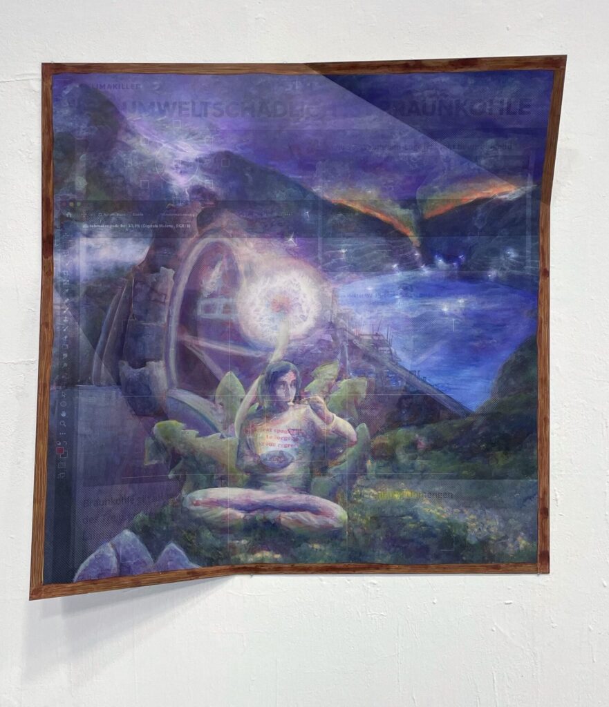 Stefanie Probst, Darlings of LOMAH/rebreaker, 2024, digitale Collage, gedruckt, übermalt, eingescannt und nachbearbeitet, gedruckt auf Alu Dibond, gebogen, Masse: 96 x 96 cm - Courtesy Stefanie Probst