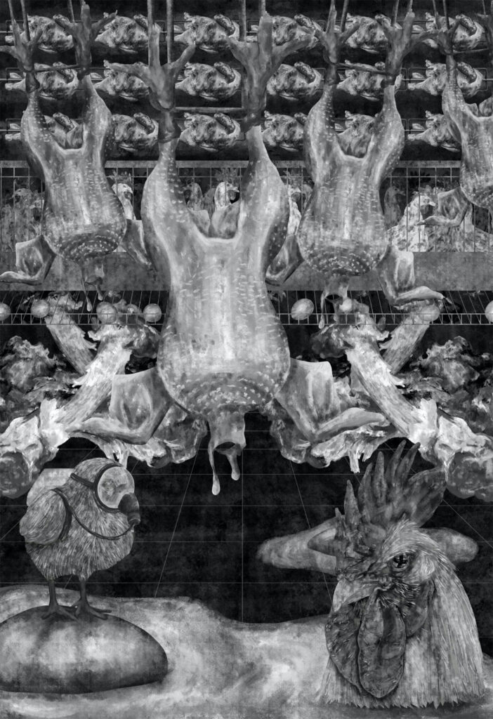 Stefanie Probst, Keyframes of LOMAH/erasethechicks, 2025, digitale Malerei, gedruckt auf Textil, Masse: 260 x 350 cm - Courtesy Stefanie Probst