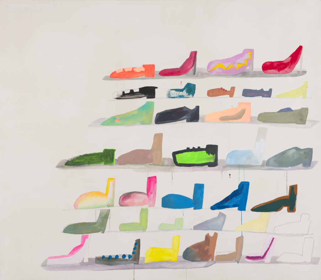 Sereina Steinemann, Schuhladen, 2024, Ölpastell, Öl- und Acrylfarbe auf Baumwolle, 140 × 160 cm, Courtesy of the artist